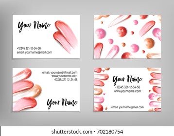 Makeup artist business card. Vector template with lipstick and ip gloss smears. Fashion and beauty background. Template Vector.