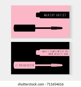 Makeup artist business card. Vector template with makeup items: mascara brush and mascara tube on pink and black background. Cosmetics banner set. Vector Template Fashion and beauty illustration