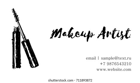 Makeup artist business card. Vector template with makeup items: Hand drawing of tube of mascara and brush of mascara. Fashion and beauty background. Template Vector.