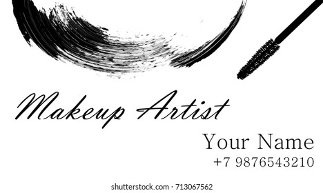 Makeup artist business card. Vector template with makeup items mascara brush and mascara stroke half-round. Template Vector.