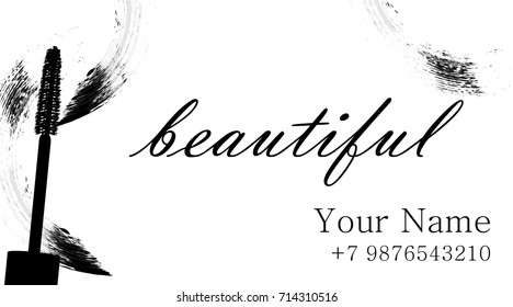 Makeup artist business card. Vector template with makeup items mascara brush and mascara strokes. Template Vector.