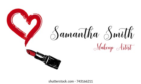 Makeup artist business card. Vector template with fashion hand drawn sketch makeup red lipstick with a painted stroke in the form of heart. Love. Glamour fashion card vogue style. Beauty illustration.
