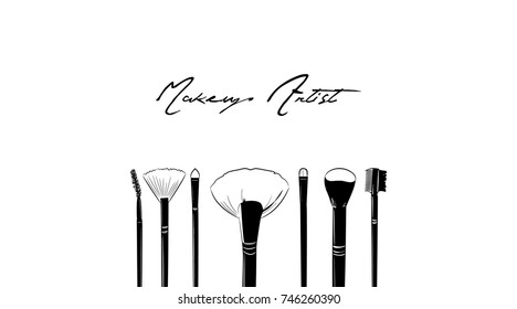 Makeup artist business card. Vector template with fashion hand drawing makeup brushes set. Modern brush calligraphy.