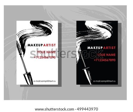 Makeup artist business card. Vector template with makeup items pattern -  mascara. Fashion and beauty background. Template Vector.