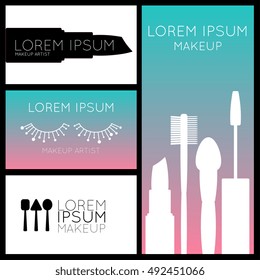 Makeup artist business cards and flyer/banner/poster template in modern flat style with makeup items elements, vector illustration for your design. Logo and branding identity set.