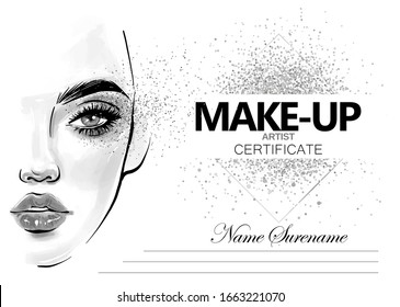 Make-up artist certificate with beautiful woman face portrait. Beauty school diploma vector design template. Fashion girl with long black lashes, brows, sexy lips and place for text.