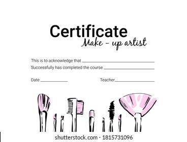 Makeup Artist Certificate. Certificate design for the school of makeup artists. Certificate with makeup brushes and tools.