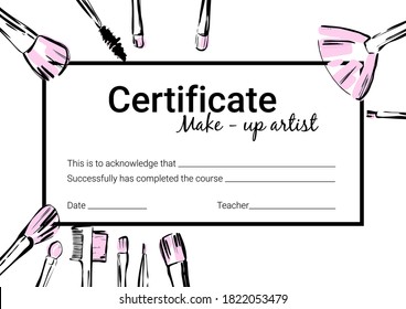 Makeup Artist Certificate. Certificate design for the school of makeup artists. Certificate with makeup brushes and tools. Hand drawn line art sketch for cosmetic products svg