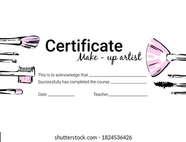 Makeup Artist Certificate. Certificate design for the school of makeup artists. Certificate with makeup brushes and tools. Hand drawn line art sketch for cosmetic products svg