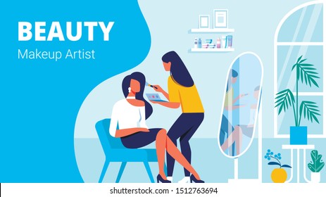 Makeup Artist and Client in Beauty Salon. Stylish Women in Beauty Salon. Makeup Artist with Cosmetics. Beauty Training for Women. Vector Illustration 