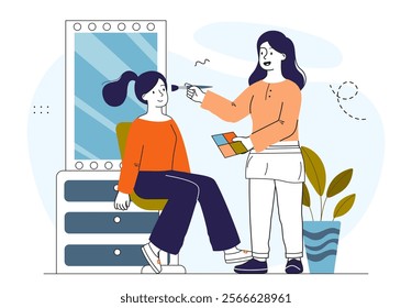 Makeup artist with client. Woman applying makeup and cosmetics to face of young girl. Beauty treatment. Stylist in salon. Visagiste with palette and brush. Linear vector illustration