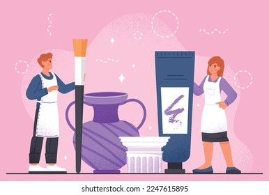 Makeup artist concept. Man with brush and woman with bottle. Lotions, sprays and creams. Health care, beauty and hygiene metaphor. Poster or banner for website. Cartoon flat vector illustration