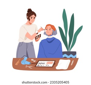 Artista de maquillaje haciendo maquillaje y coloración de pelo para cliente en salón de belleza. Una clienta femenina durante los servicios profesionales de salón. Concepto de renovación. Ilustración vectorial plana aislada en fondo blanco