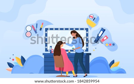 Makeup artist doing makeup for woman in beauty salon. Professional beautician and celebrity in armchair. Modern interior of beauty salon. Cartoon flat vector illustration