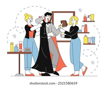 Maquiador com drácula. As mulheres aplicam maquiagem a um homem vestido de vampiro. Preparação para o Halloween e festa à fantasia, mascarada. Ilustração de vetor linear isolada no plano de fundo branco