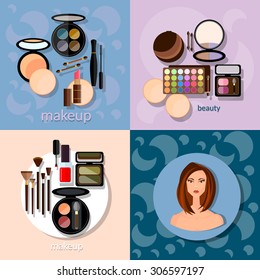 Makeup artist fashion concept makeup professional make-up details cosmetology beautiful woman face vector icons 