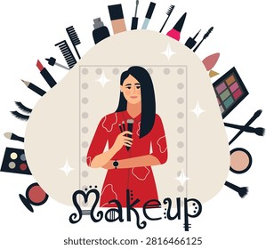 Makeup artist flat vector illustration. Woman with makeup kit illustration