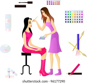 Makeup artist and her client, and various cosmetic accessories. Eps 10