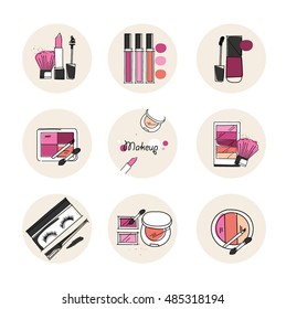 Makeup artist icon. Vector template design with brush, pencil, eyeshadow, lipstick, nail polish and mascara