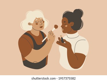 Makeup artist illustration. Two young women doing makeup or learning to self-make up. Visagiste at work. Beauty salon. Vector illustration in flat trending style pastel colors.