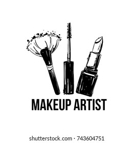 Makeup artist logo banner. Business card and logo concept. Beauty Set for make-up: lipstick, mascara brush, makeup brush.