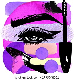 Makeup artist logo design with eye, brow, eyelashes, mascara, eye shadow, mascara brush and blush elements. Colorful watercolor vector shapes, strokes, smudges. Beauty salon wall poster.
