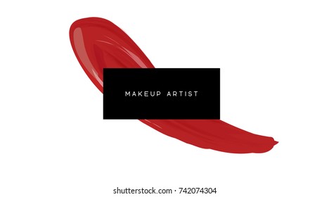 Makeup artist logo design template. Vector logotype layout. Elegant vector template Business card with red smear of lipstick liquid texture.