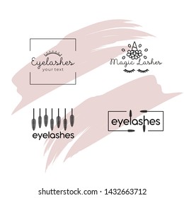 Makeup artist logo template business card. Set of vector logos of a beauty salon. Eyelashes logos. Beauty, makeup, spa salon, eyebrows, eyelashes. Stylist business card. Pink ink brush.