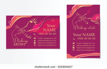 Makeup artist logo template. Woman's hand holds makeup brushes. Line vector illustration, corporate identity for a beauty salon.
