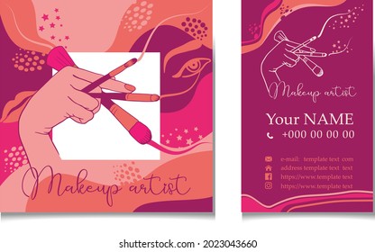 Makeup artist logo template. Woman's hand holds makeup brushes. Line vector illustration, corporate identity for a beauty salon.