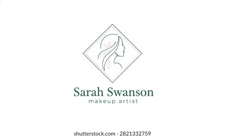 Makeup artist luxury logo featuring a fine line-art female profile with delicate leaves inside a diamond frame.