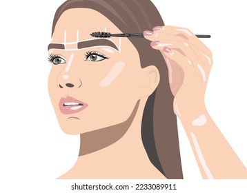 The make-up artist makes markings with a white eyebrow pencil and applies paint on the eyebrows. Professional make-up and face care.Vector, illustration.