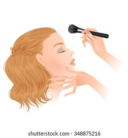 Make-up artist making the final touches on the model. Isolated vector illustration.