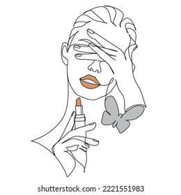 Makeup Artist one line illustration. Minimalist Face Beauty Logo.Vector drawing.Professional makeup.