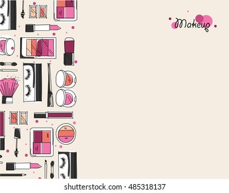 Makeup artist pattern. Vector template design with brush, pencil, eyeshadow, lipstick, nail polish and mascara