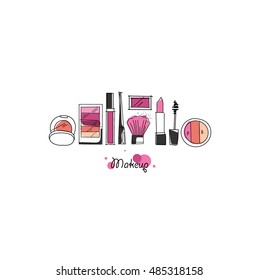 Makeup artist pattern. Vector template design with brush, pencil, eyeshadow, lipstick, nail polish and mascara