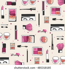 Makeup artist pattern. Vector template design with brush, pencil, eyeshadow, lipstick, nail polish and mascara