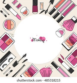 Makeup artist pattern. Vector template design with brush, pencil, eyeshadow, lipstick, nail polish and mascara