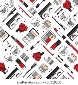 Makeup Artist Pattern. Vector Template Design With Brush, Pencil, Eyeshadow, Lipstick, Nail Polish And Mascara