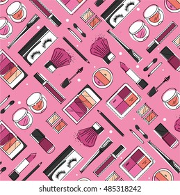 Makeup artist pattern. Vector template design with brush, pencil, eyeshadow, lipstick, nail polish and mascara