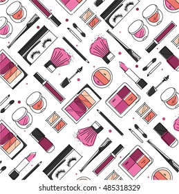 Makeup artist pattern. Vector template design with brush, pencil, eyeshadow, lipstick, nail polish and mascara
