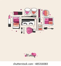 Makeup artist pattern. Vector template design with brush, pencil, eyeshadow, lipstick, nail polish and mascara