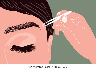 Make-up artist plucks eyebrows with tweezers. Beauty salon and professional makeup and cosmetology skin care.