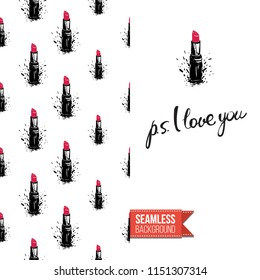 Makeup artist promo card flyer. Vector template greeting card with fashion seamless pattern, text: ps i love you. Make up tools cosmetic accessory background, motivation quote