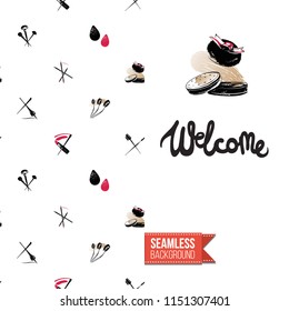 Makeup artist promo card flyer. Vector template greeting card with fashion seamless pattern, text: welcome. Make up tools cosmetic accessory background, motivation quote
