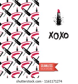 Makeup artist promo card flyer. Vector template greeting card with fashion seamless pattern, text: xoxo. Make up tools cosmetic accessory background, motivation quote