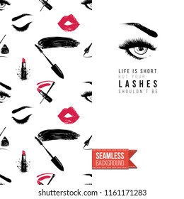 Makeup artist promo card flyer. Vector template greeting card with fashion seamless pattern, text: life is short but not lashes. Make up tools cosmetic accessory background, motivation quote