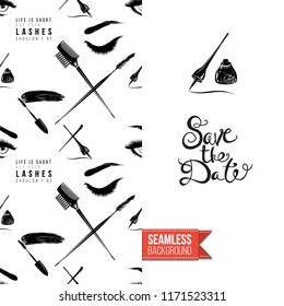 Makeup artist promo card flyer. Vector template greeting card with fashion seamless pattern, text: save the date. Make up tools cosmetic accessory background, motivation quote