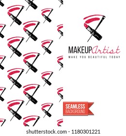 Makeup artist promo card flyer. Vector template greeting card with fashion pattern, text: make you beautiful today. Make up tools cosmetic accessory background, motivation quote