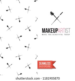 Makeup artist promo card flyer. Vector template greeting card with fashion seamless pattern, text: makeup artist. Make up tools cosmetic accessory background, motivation quote